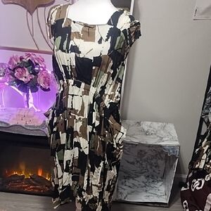 Abstract Block-Print Cap Sleeve Midi Dress in Black, Cream & Brown
